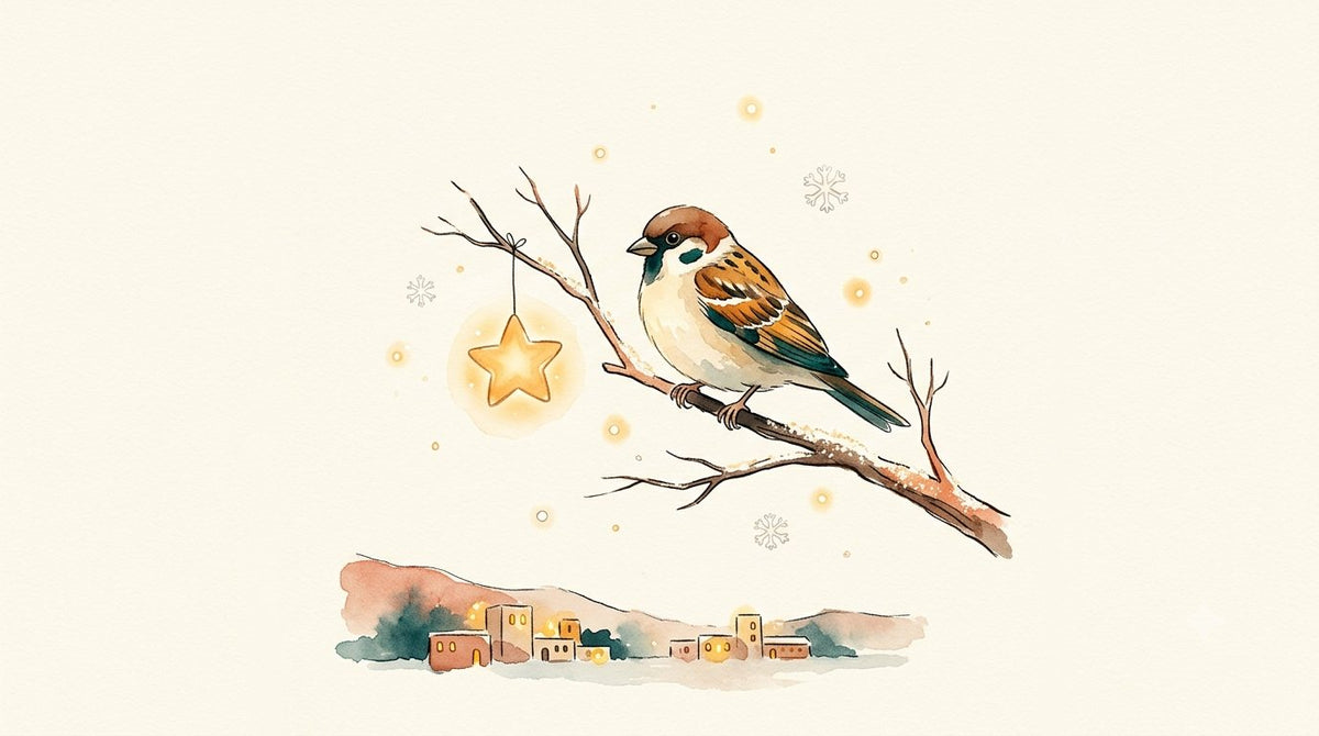 Watercolor sparrow on a bare, snow-dusted branch beside a glowing star ornament, with a small lamplit hillside town below.