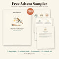 Free Advent Sampler printable: the cover with a sparrow and a glowing star, with the ornament sheet, scripture cards and the Day 2 story page fanned beside it