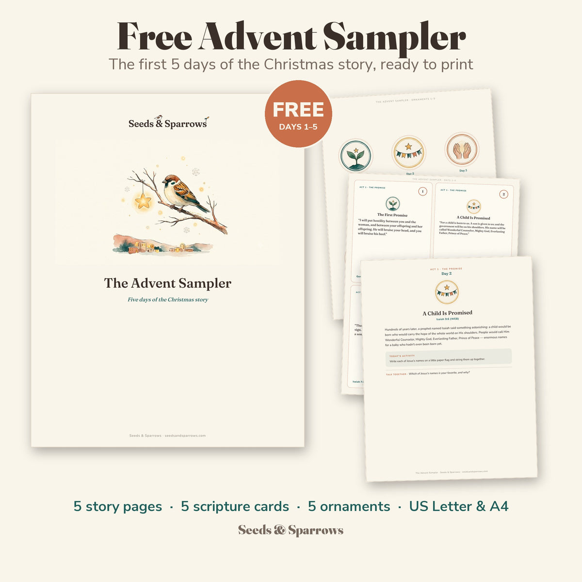 Free Advent Sampler printable: the cover with a sparrow and a glowing star, with the ornament sheet, scripture cards and the Day 2 story page fanned beside it