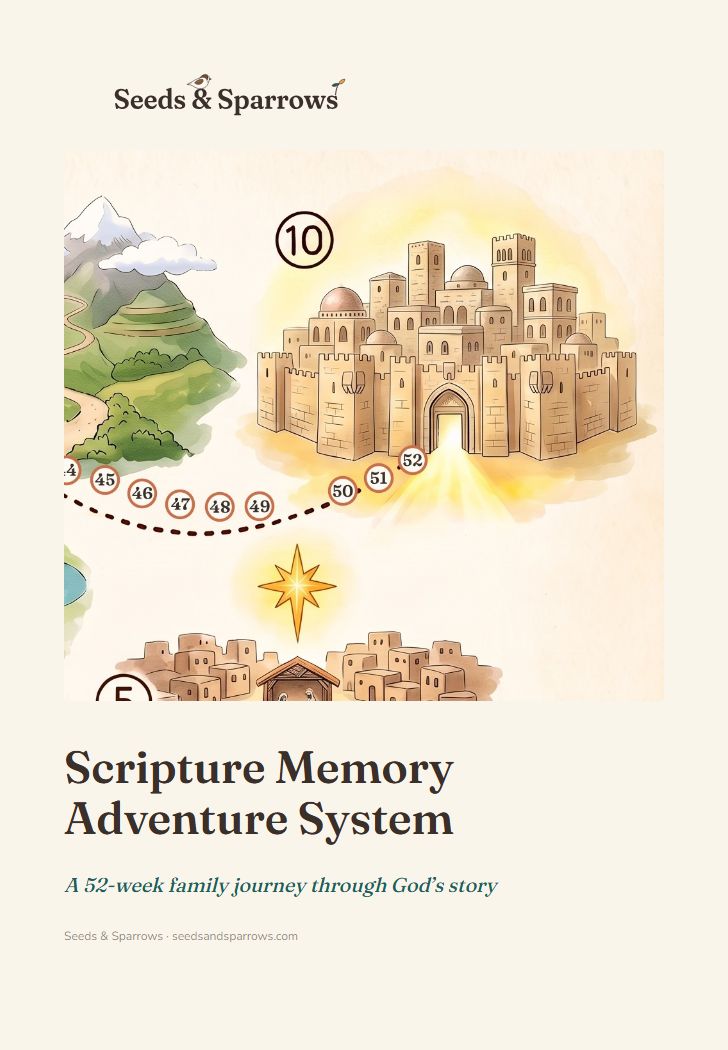 Scripture Memory Adventure System cover — the trail map's golden city and Bethlehem stop, a 52-week family journey