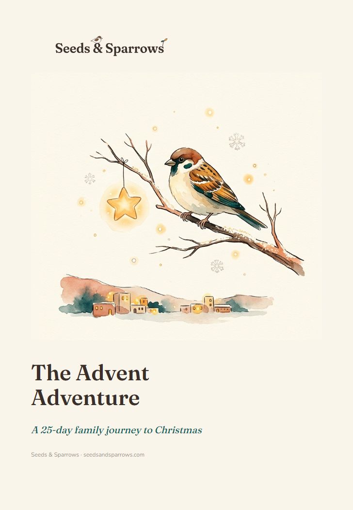 The Advent Adventure cover — a sparrow beside a glowing star ornament above Bethlehem, a 25-day journey to Christmas