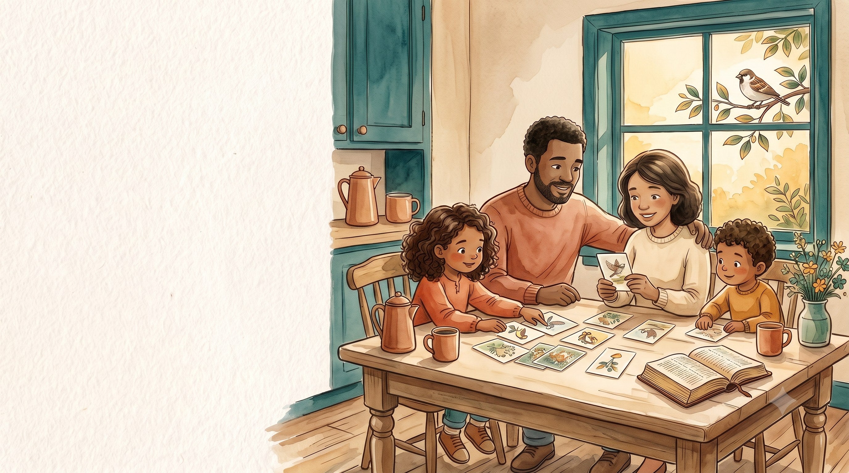 A family of four enjoying Seeds & Sparrows verse cards together at the kitchen table — watercolor illustration