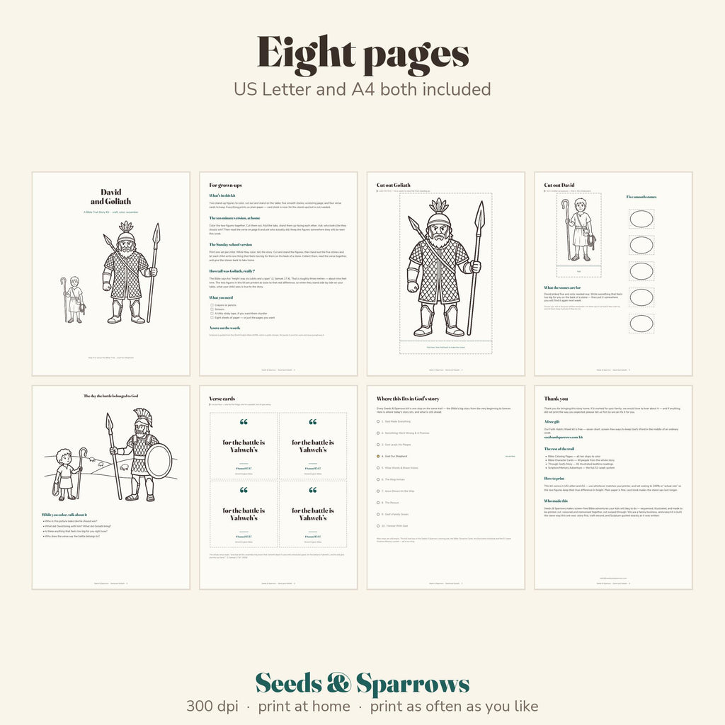 David and Goliath story kit pages: stand-ups, five smooth stones, coloring page and verse cards