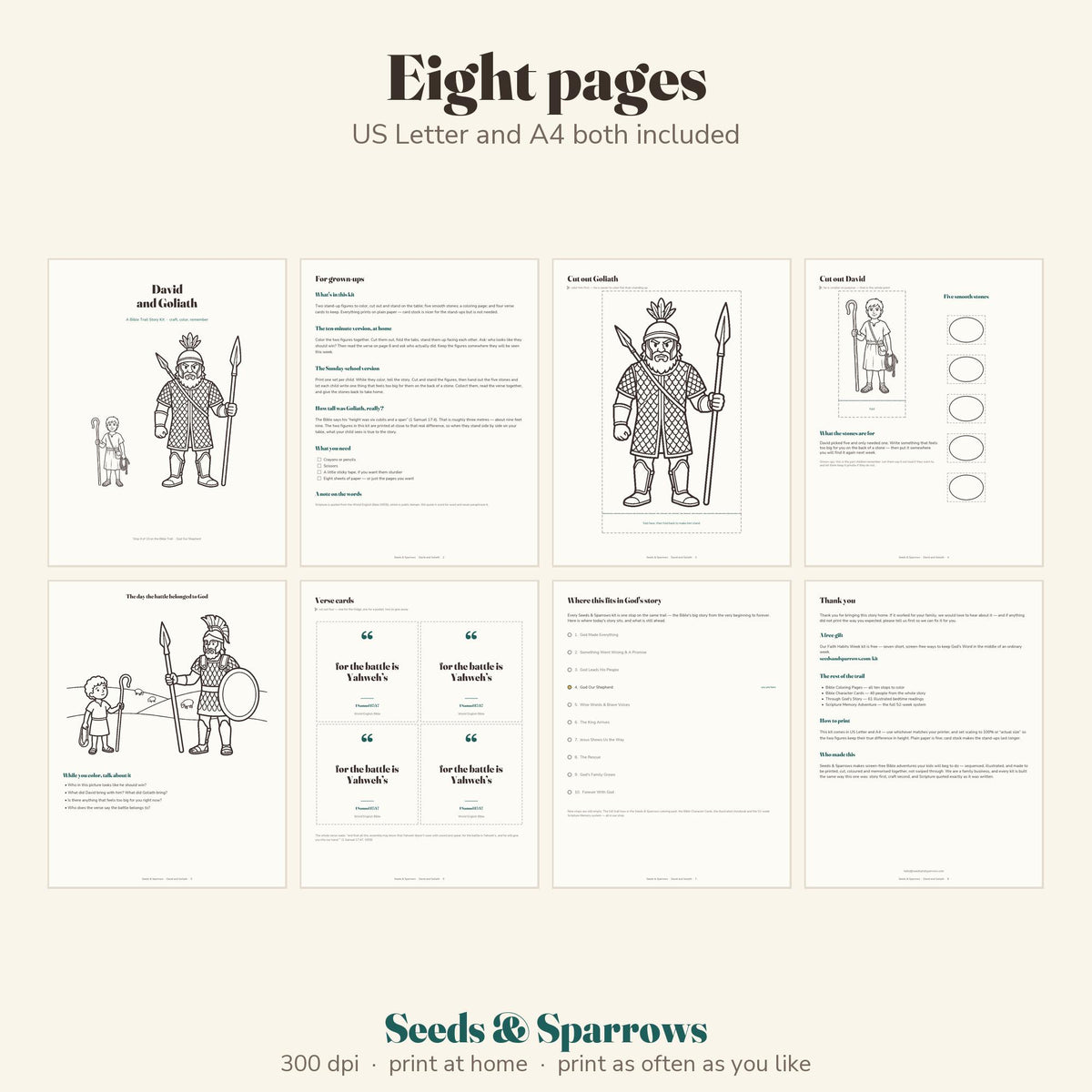 David and Goliath story kit pages: stand-ups, five smooth stones, coloring page and verse cards