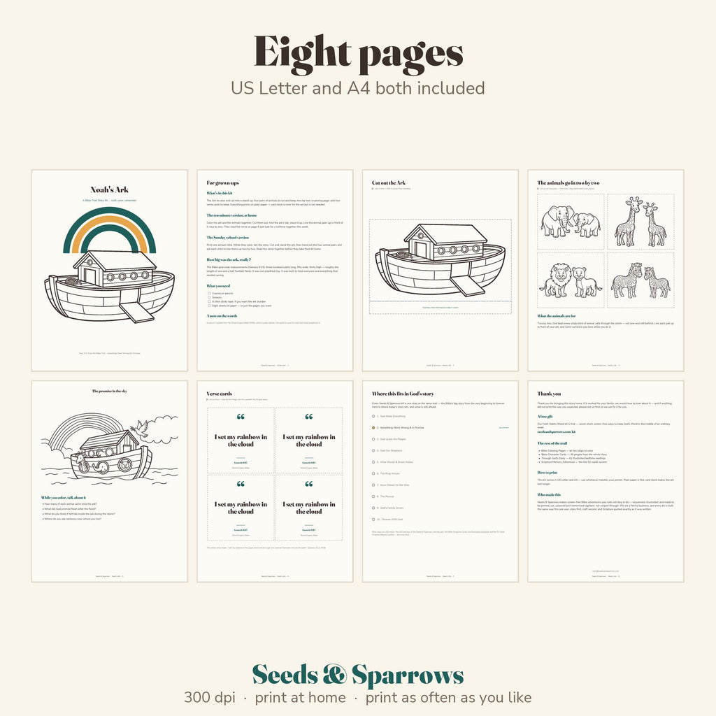 Noah's Ark story kit pages: ark, animal pairs, coloring page and verse cards
