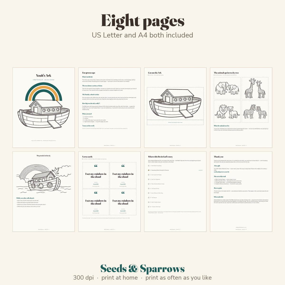 Noah's Ark story kit pages: ark, animal pairs, coloring page and verse cards