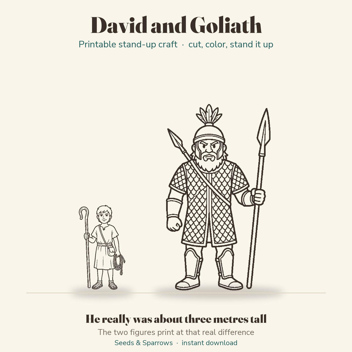 David and Goliath printable Bible craft for kids: a full-page Goliath stand-up beside a smaller David