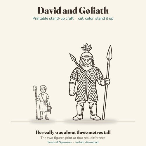 David and Goliath printable Bible craft for kids: a full-page Goliath stand-up beside a smaller David