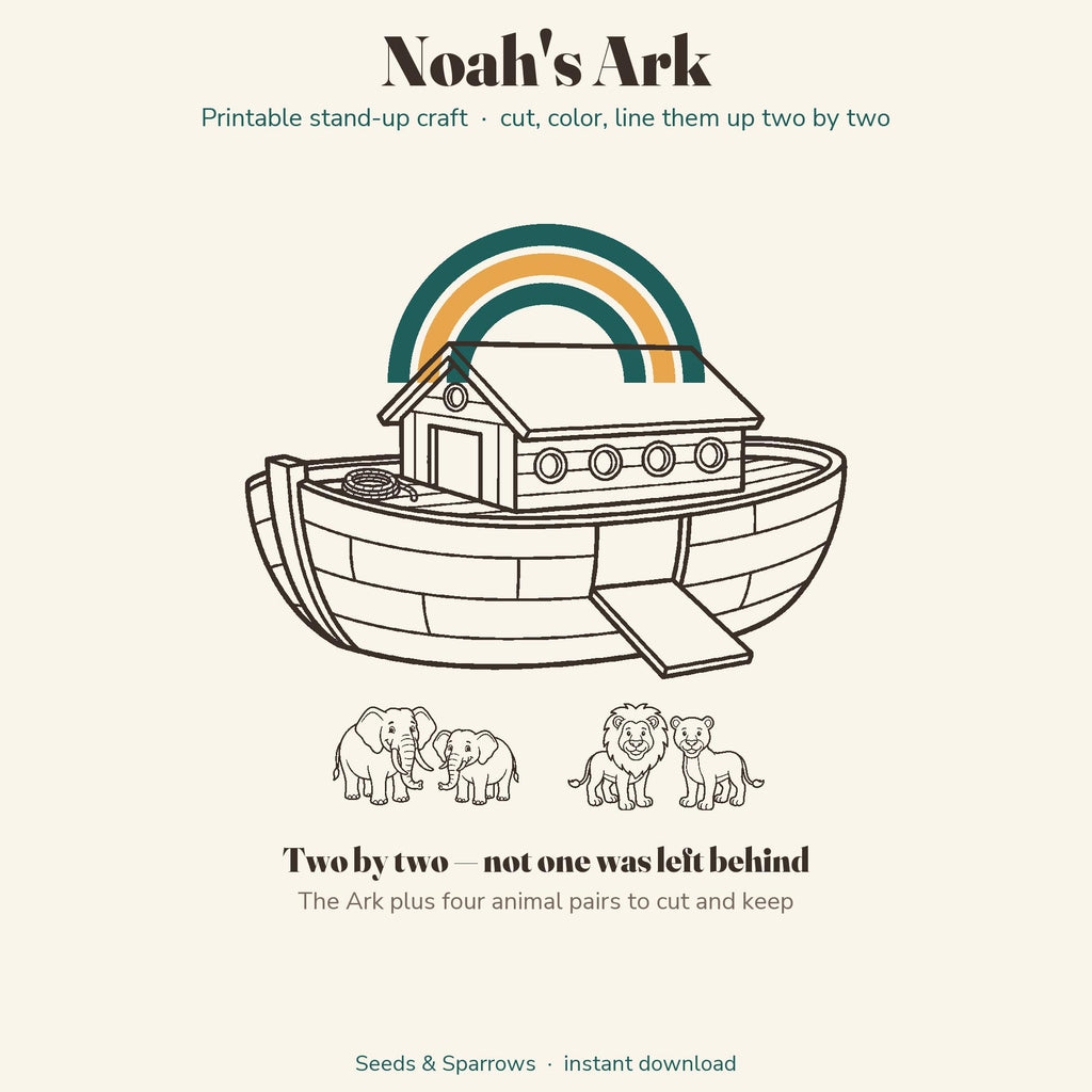 Noah's Ark printable Bible craft for kids: a stand-up paper ark with animal pairs two by two