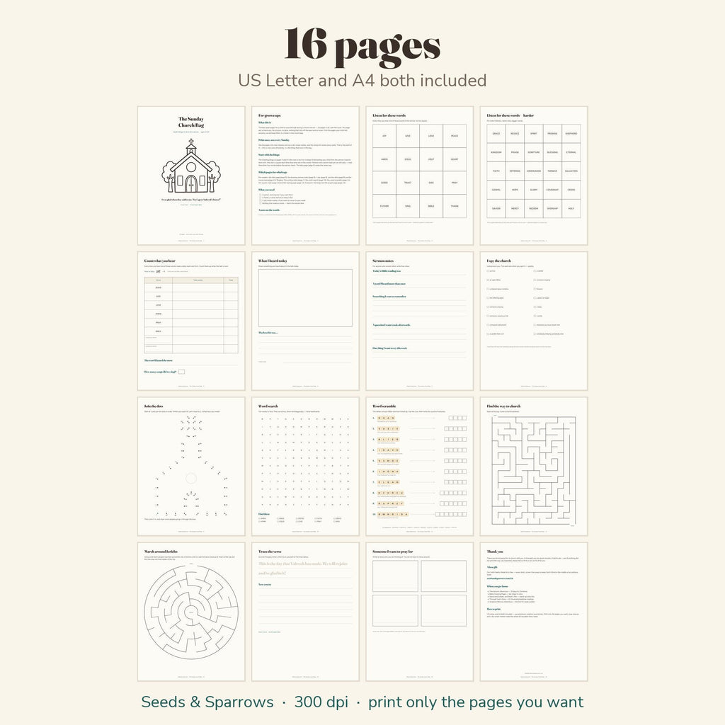 All 16 pages of the Sunday Church Bag: bingo, sermon notes, word search, mazes and more
