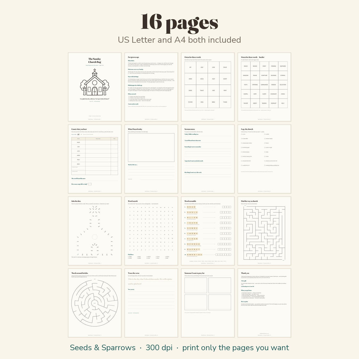 All 16 pages of the Sunday Church Bag: bingo, sermon notes, word search, mazes and more