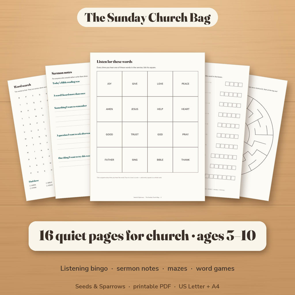 The Sunday Church Bag printable: 16 quiet pages for church, ages 3–10, fanned on a wooden table