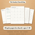 The Sunday Church Bag printable: 16 quiet pages for church, ages 3–10, fanned on a wooden table