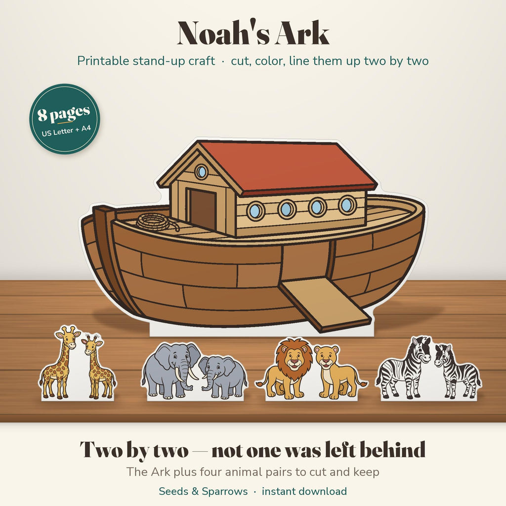 Noah's Ark printable stand-up craft: a colored paper ark with giraffes, elephants, lions and zebras lined up two by two