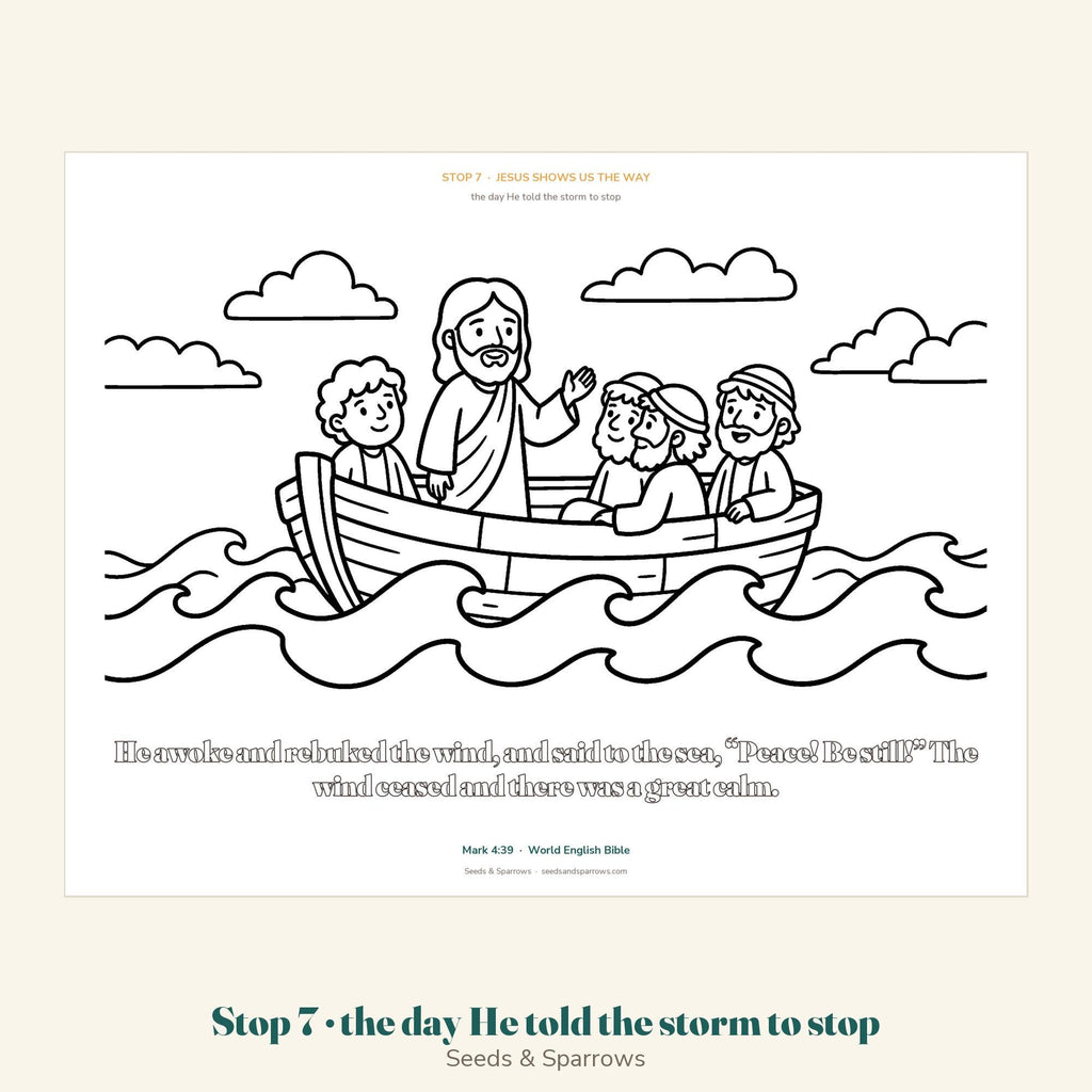 Jesus calms the storm coloring page, Mark 4:39