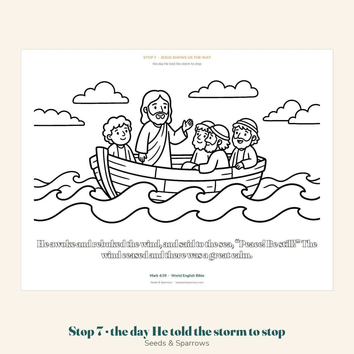 Jesus calms the storm coloring page, Mark 4:39