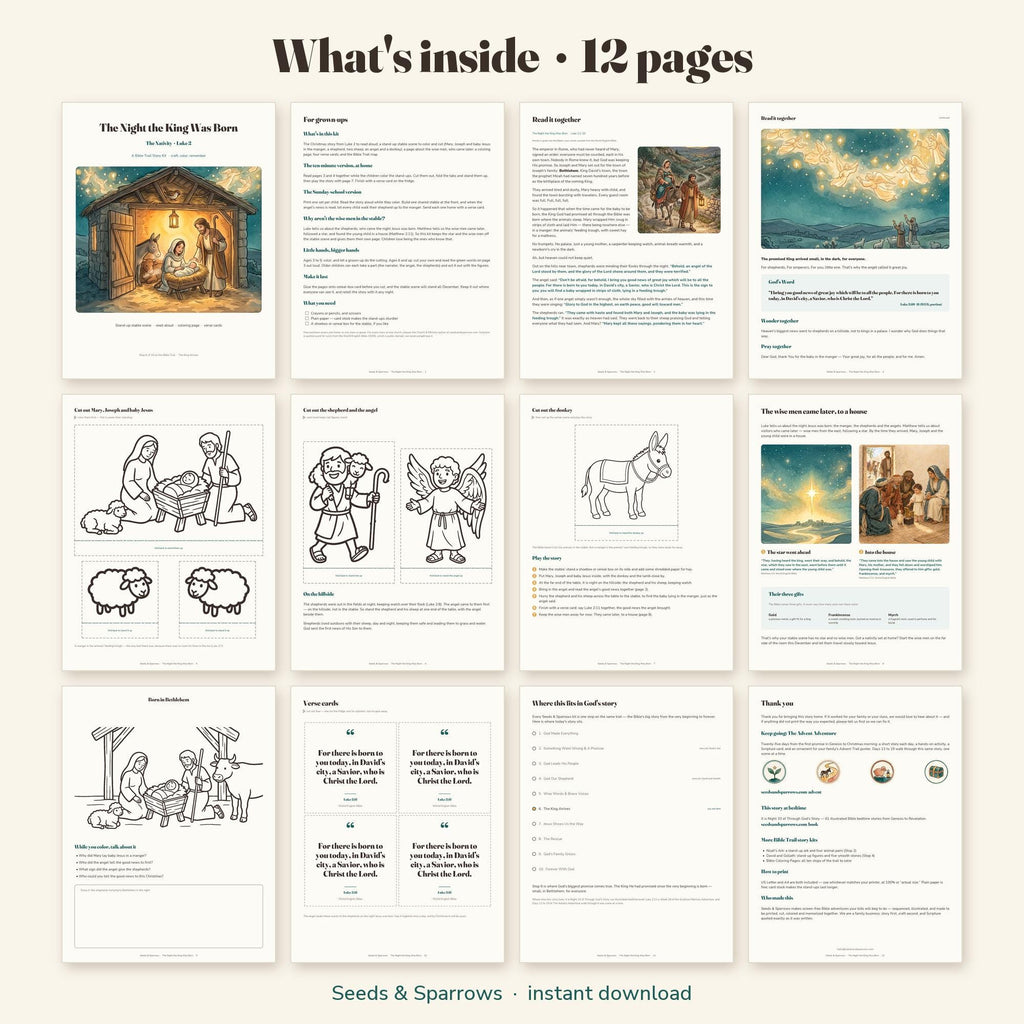 What's inside the printable Nativity craft kit: all 12 pages