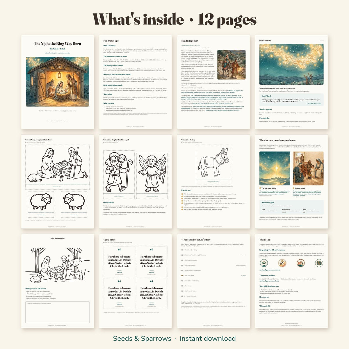 What's inside the printable Nativity craft kit: all 12 pages