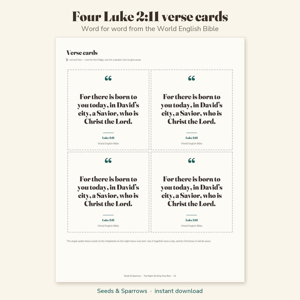 Four Luke 2:11 verse cards from the Nativity craft kit