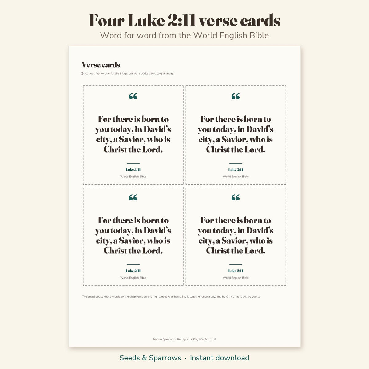Four Luke 2:11 verse cards from the Nativity craft kit