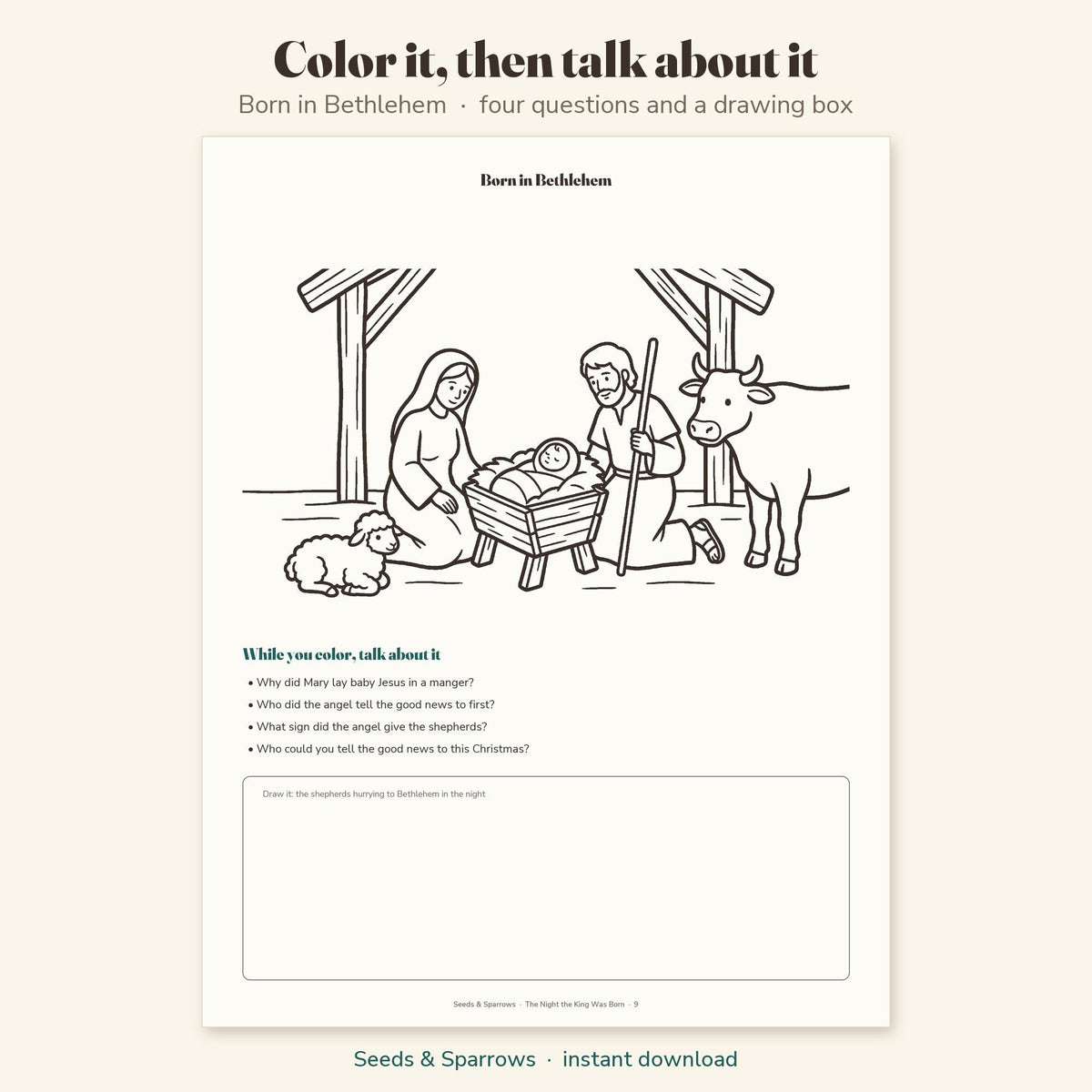 Full-page Nativity coloring picture with questions to talk about