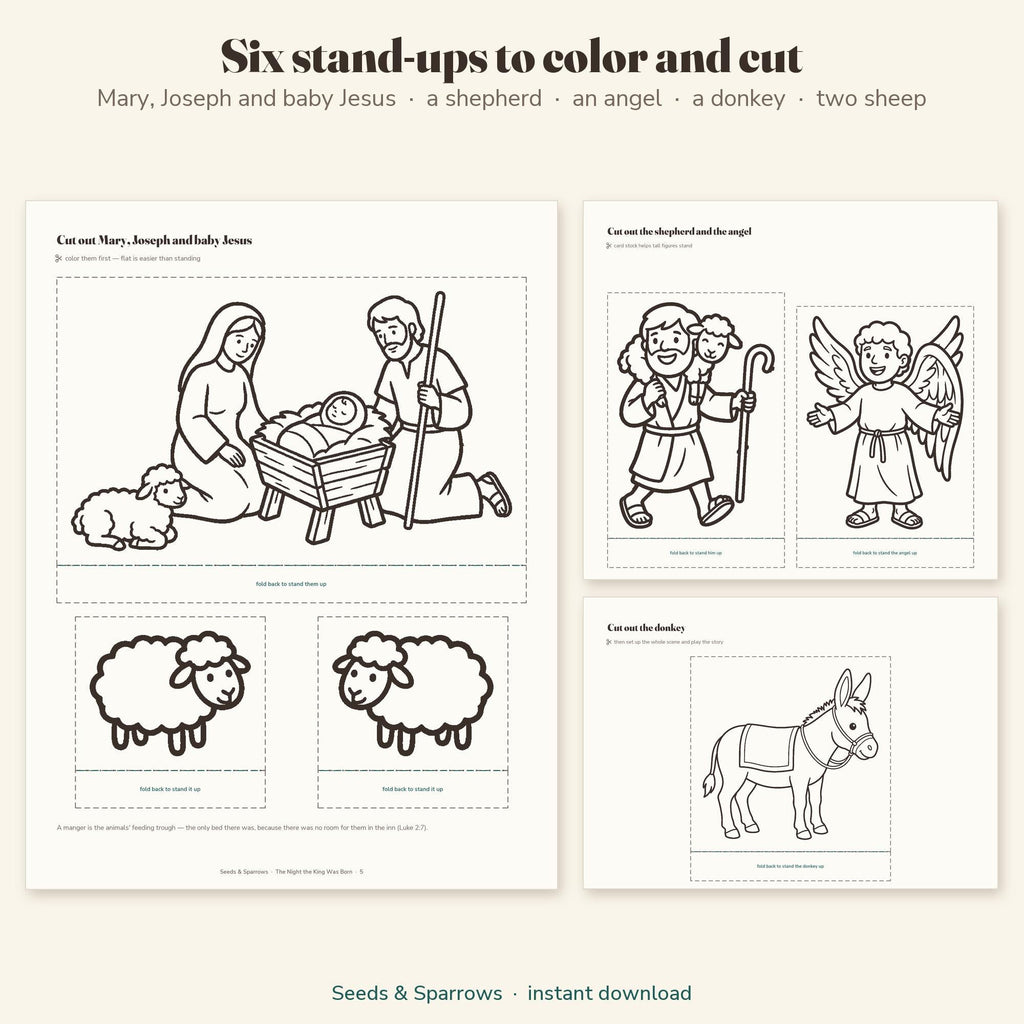 Nativity stand-ups to color and cut out: Mary, Joseph, baby Jesus, a shepherd, sheep, an angel and a donkey