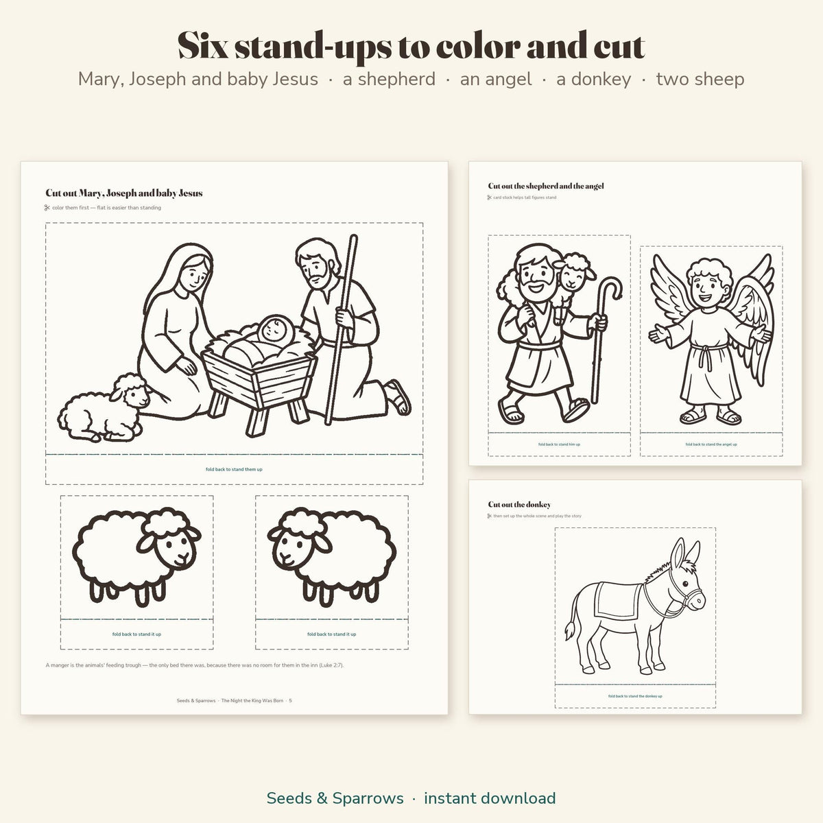 Nativity stand-ups to color and cut out: Mary, Joseph, baby Jesus, a shepherd, sheep, an angel and a donkey
