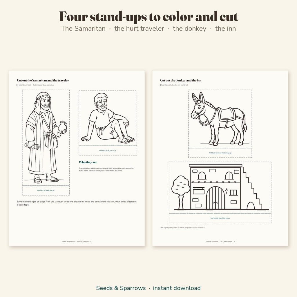 Good Samaritan stand-ups to color and cut out: the Samaritan, the hurt traveler, the donkey and the inn