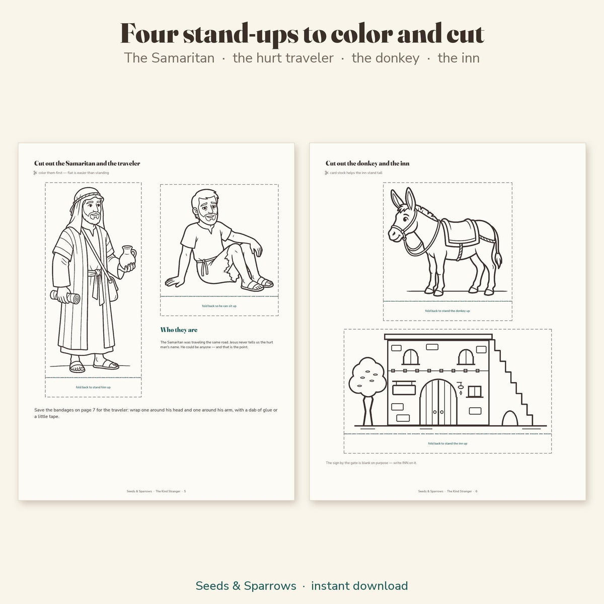 Good Samaritan stand-ups to color and cut out: the Samaritan, the hurt traveler, the donkey and the inn