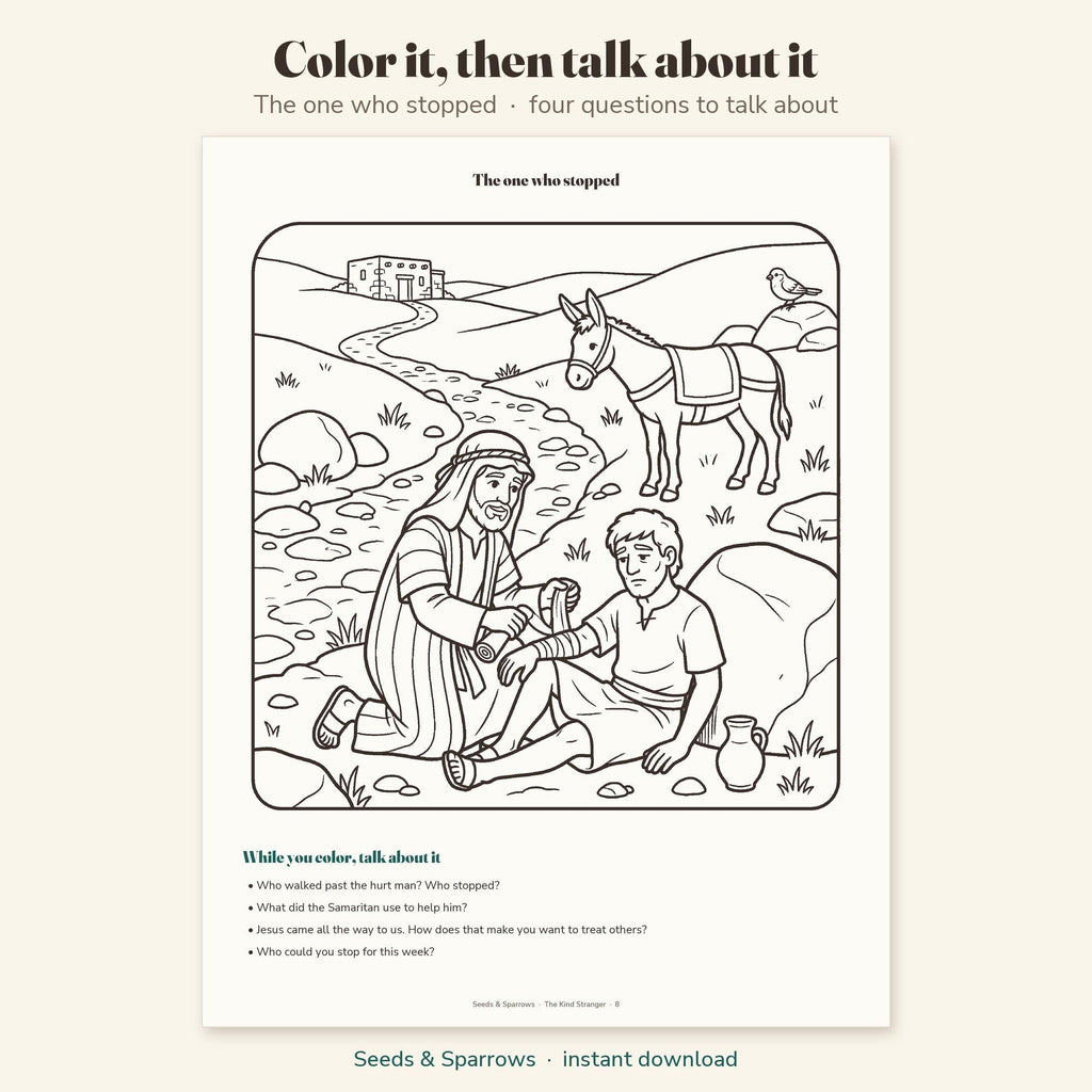 Good Samaritan coloring page with four questions to talk about