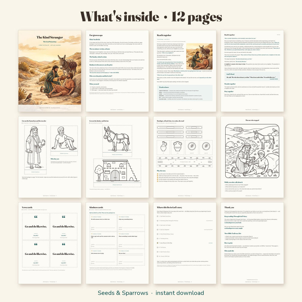 What's inside the printable Good Samaritan craft kit: all 12 pages
