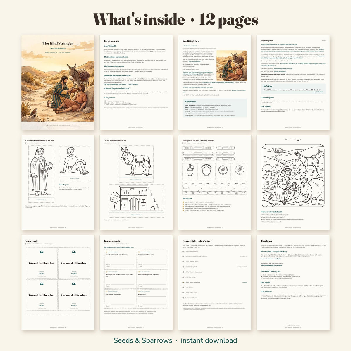 What's inside the printable Good Samaritan craft kit: all 12 pages