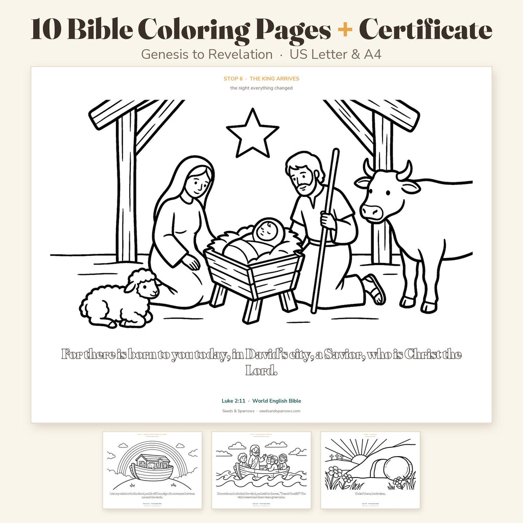 10 Bible coloring pages for kids plus a certificate: the nativity page large, with Noah, the storm and the empty tomb, Genesis to Revelation, US Letter and A4