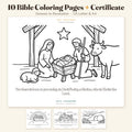 10 Bible coloring pages for kids plus a certificate: the nativity page large, with Noah, the storm and the empty tomb, Genesis to Revelation, US Letter and A4