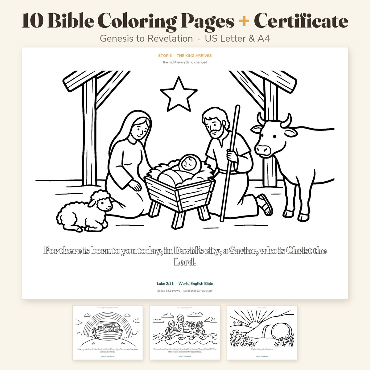 10 Bible coloring pages for kids plus a certificate: the nativity page large, with Noah, the storm and the empty tomb, Genesis to Revelation, US Letter and A4