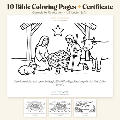 10 Bible coloring pages for kids plus a certificate: the nativity page large, with Noah, the storm and the empty tomb, Genesis to Revelation, US Letter and A4