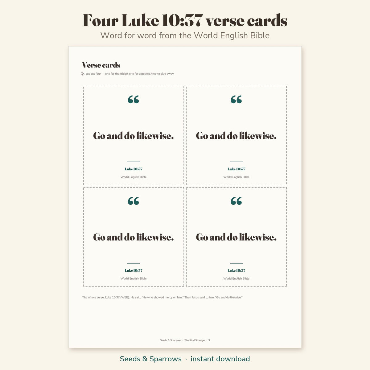 Four Go and do likewise verse cards, Luke 10:37