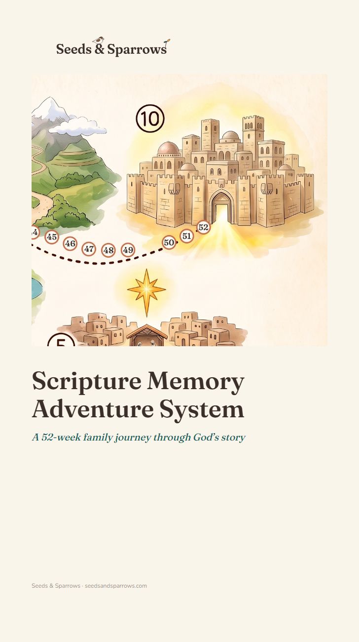 Scripture Memory Adventure System — 52-Week Family Journey Through God's Story (Printable)