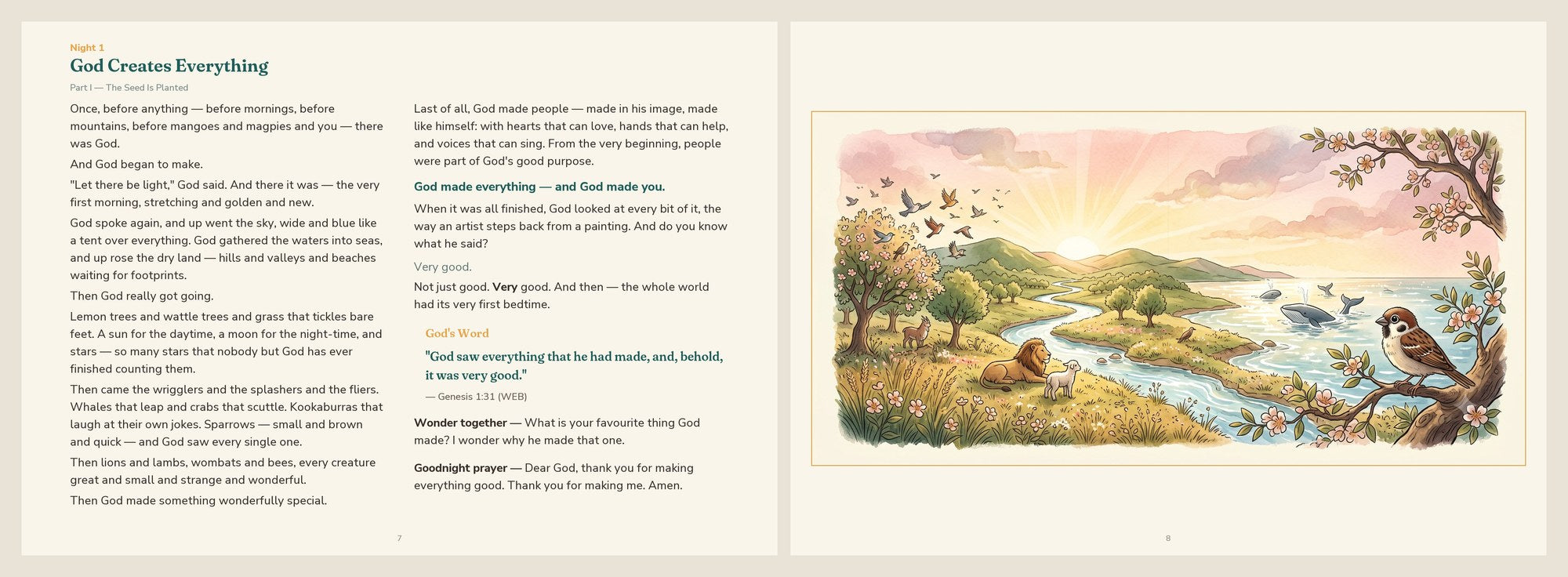 Night 1 facing spread — story page and creation illustration