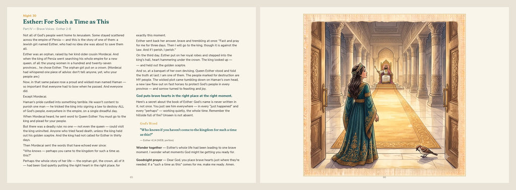 Night 30 facing spread — Esther story and throne room illustration