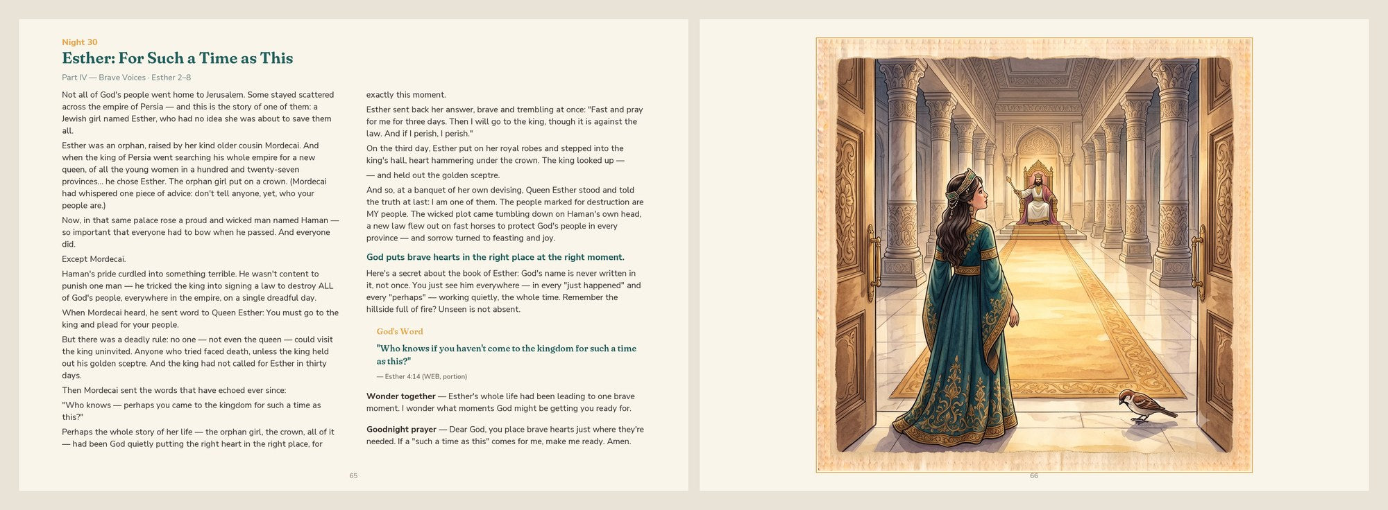 Night 30 facing spread — Esther story and throne room illustration
