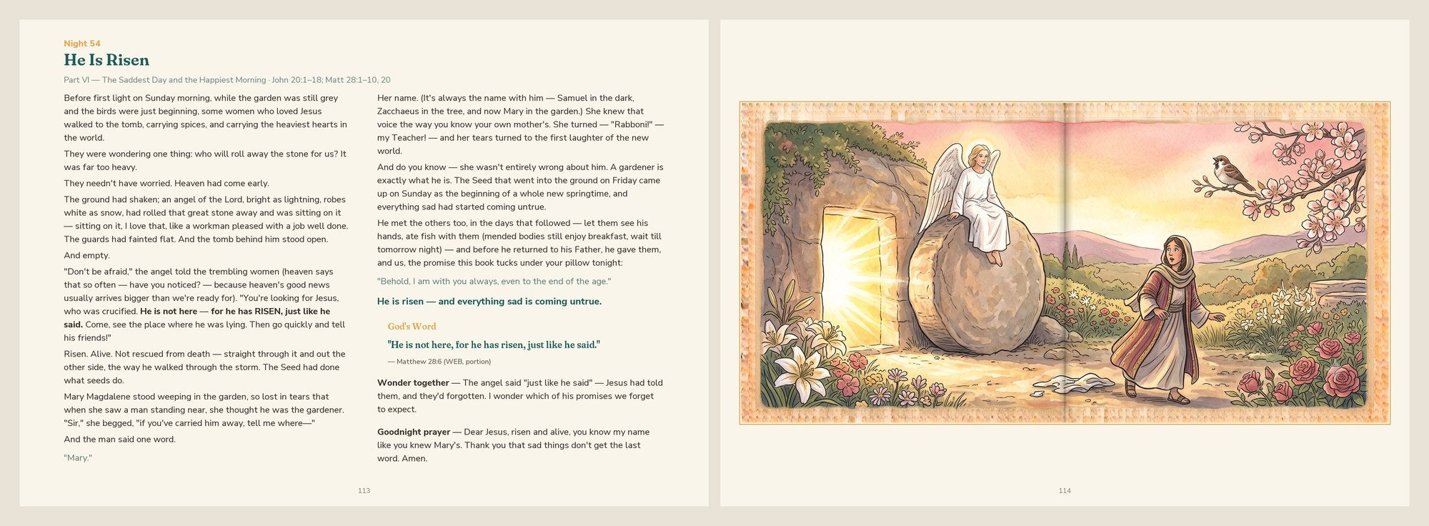 Night 54 facing spread — He Is Risen story and garden tomb illustration