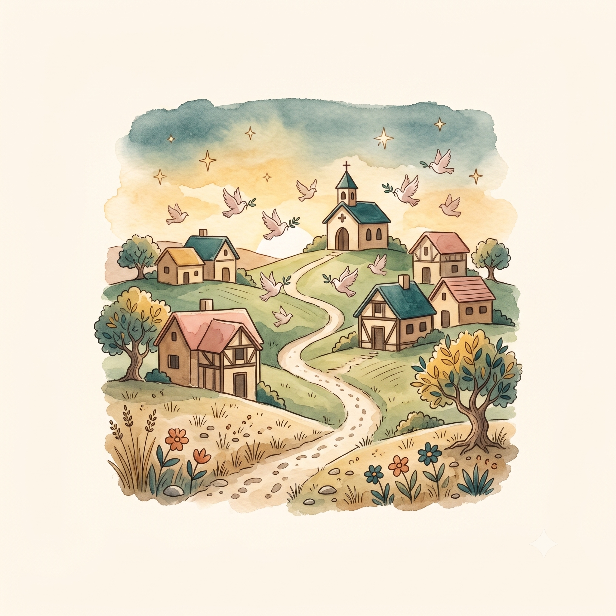 Watercolour village with a hilltop church and doves — one of the illustrated regions on the Advent trail