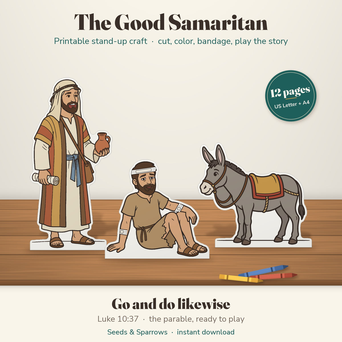 Printable Good Samaritan stand-up craft for kids: the Samaritan with a clay jar and bandage roll, the hurt traveler wearing paper bandages, and a donkey, on a wooden table