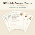 Five printable Bible verse cards for kids fanned out, John 3:16 in front, under the words 52 Bible Verse Cards, ages 6–9, print tonight