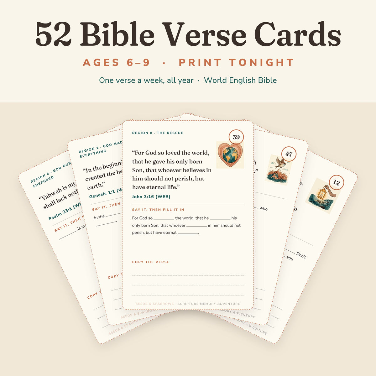 Five printable Bible verse cards for kids fanned out, John 3:16 in front, under the words 52 Bible Verse Cards, ages 6–9, print tonight
