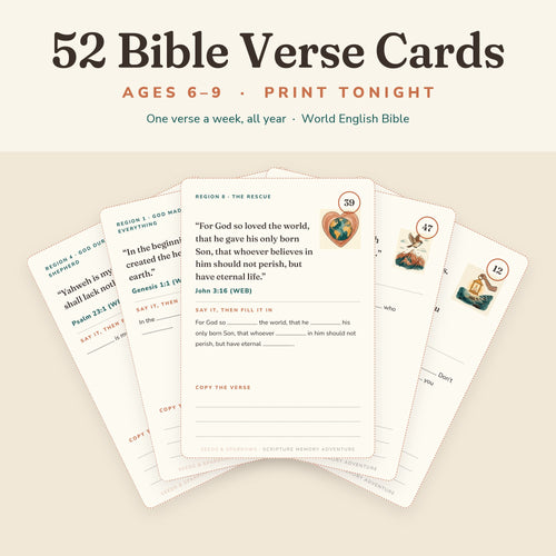 Five printable Bible verse cards for kids fanned out, John 3:16 in front, under the words 52 Bible Verse Cards, ages 6–9, print tonight